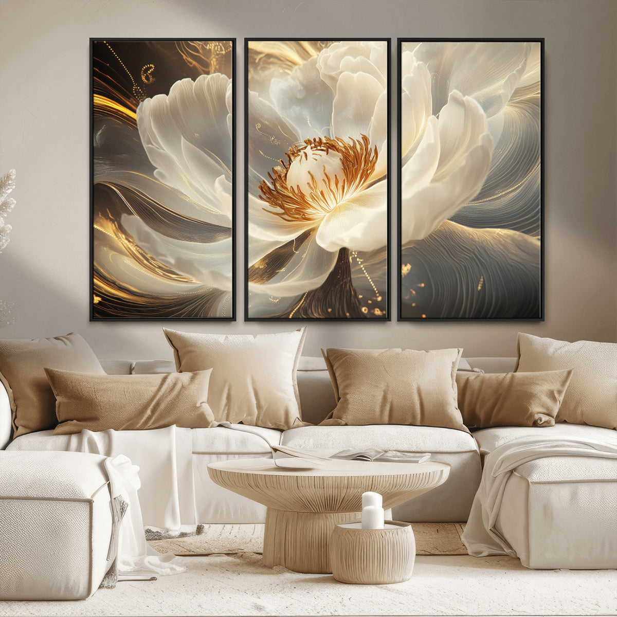 Gold Floral Wall Art Canvas Print, Framed Modern Flower Art