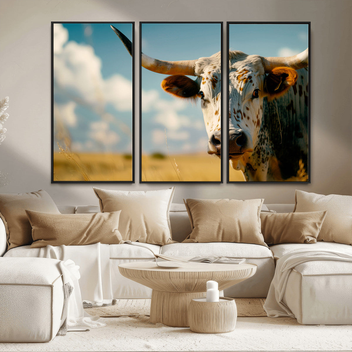 Longhorn in the Prairie - Stunning Ranch-Style Triptych Wall
