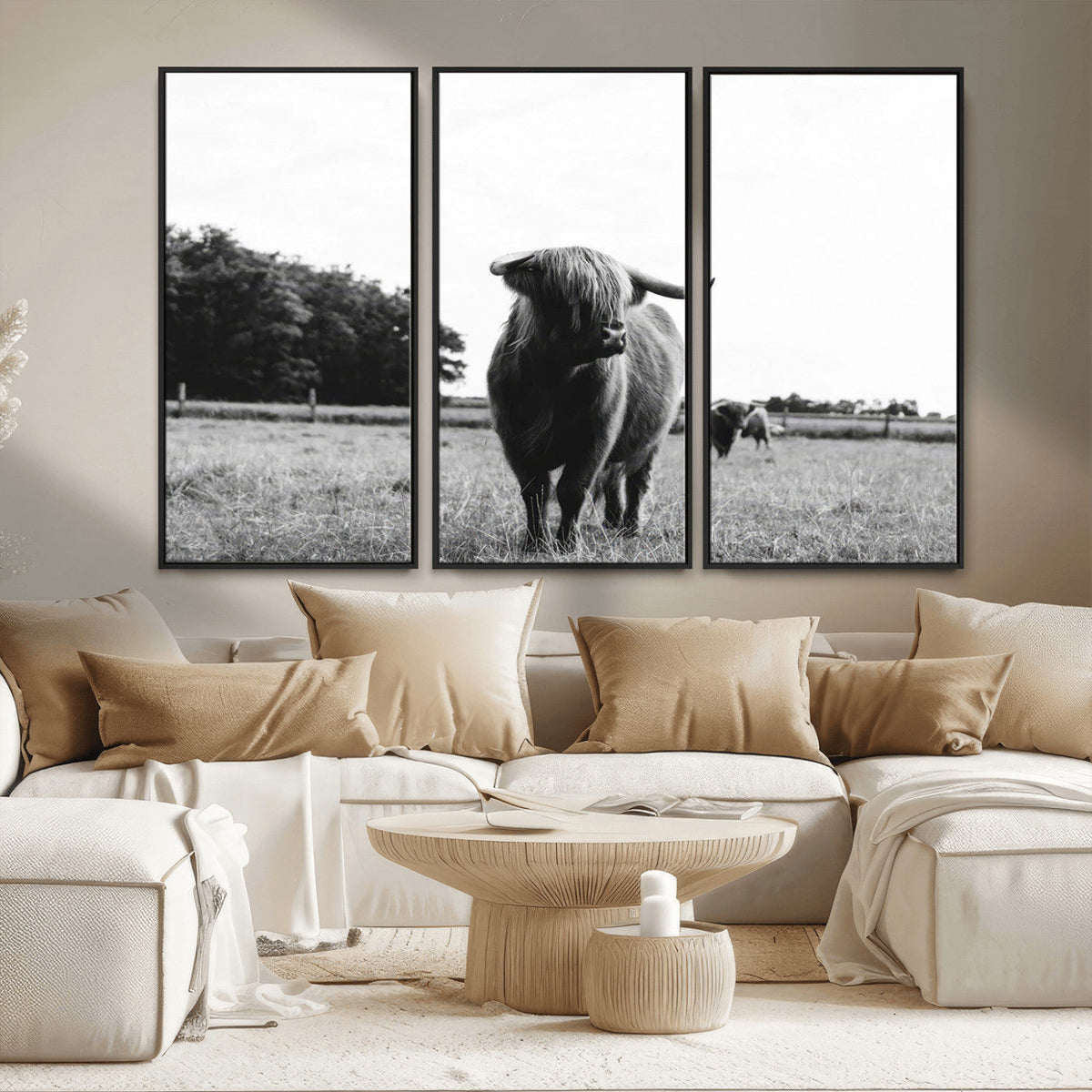 Black and White Highland Cow Wall Art Canvas Print | Rustic