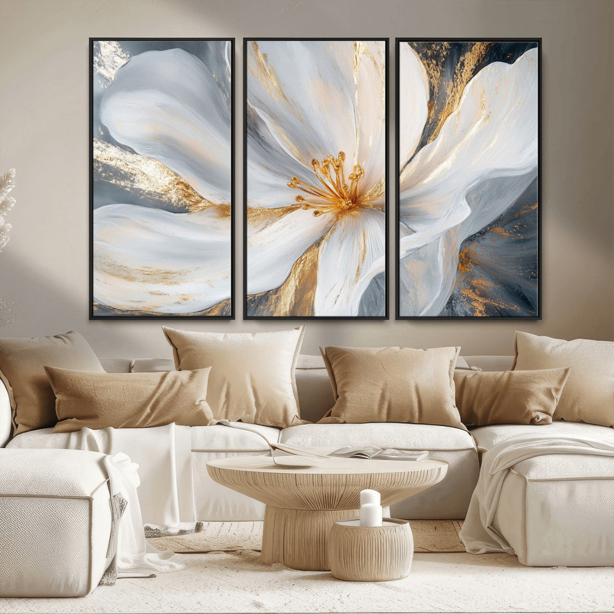 White and Gold Floral Canvas Wall Art - Framed and Ready to