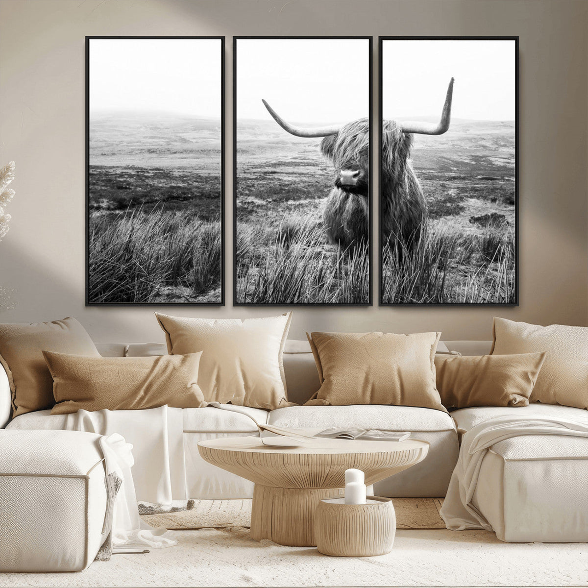Scottish Highland Cow Wall Art | Black and White Canvas