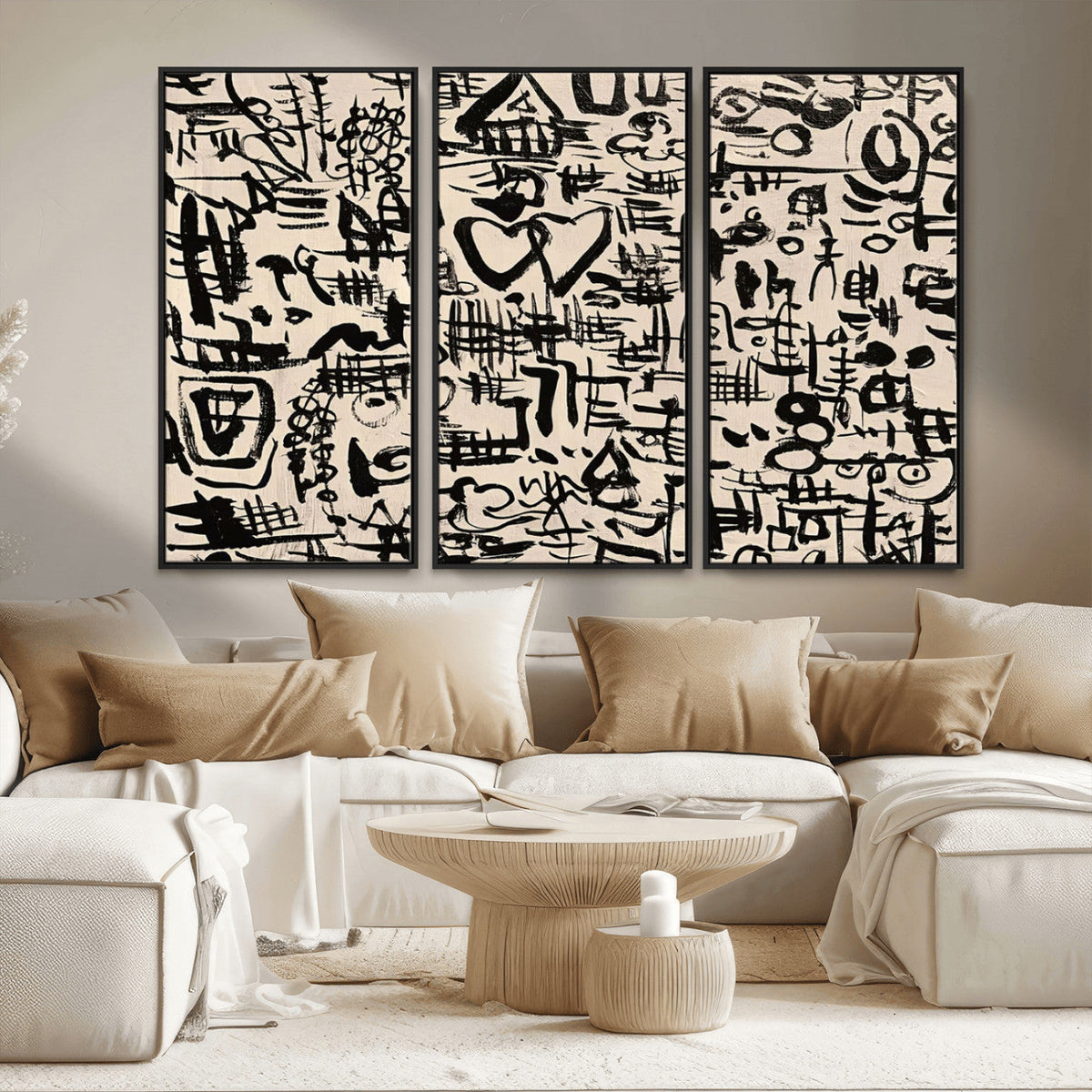 Abstract Love and Chaos Canvas Print, Black Symbols on Beige