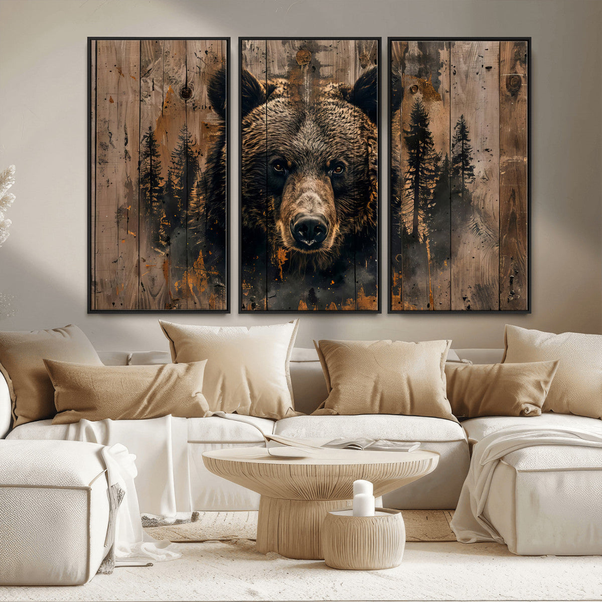 Rustic Grizzly 399 Wall Art | Triptych Canvas Print | Rustic