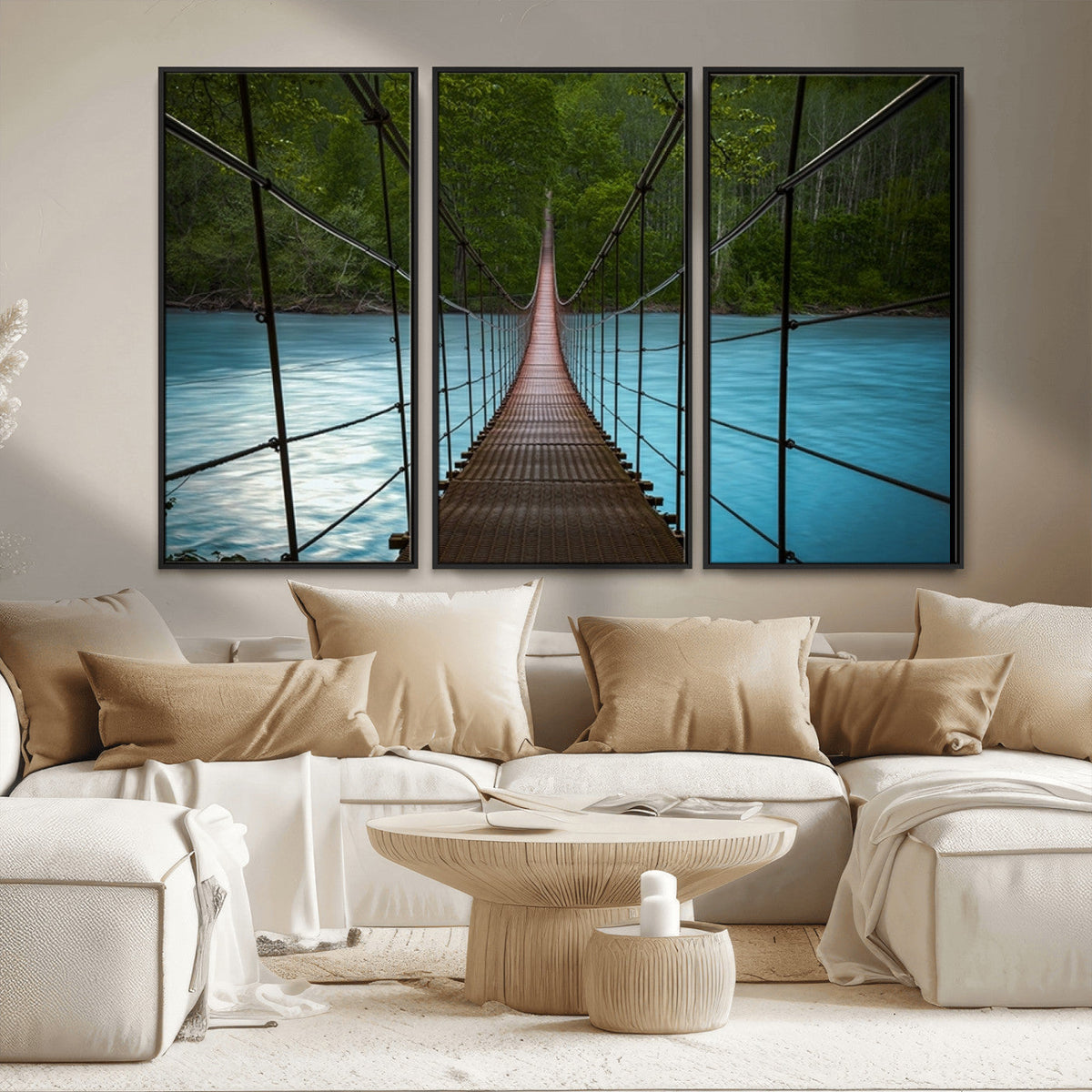 Suspension Bridge Over River Canvas Art | 3-Panel Nature