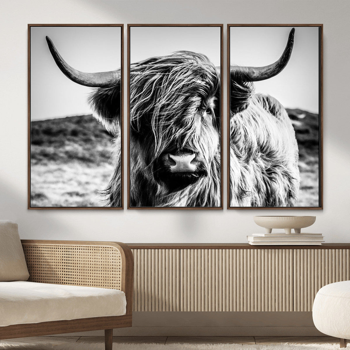 Black and White Scottish Cow Canvas Wall Art Highland Cattle