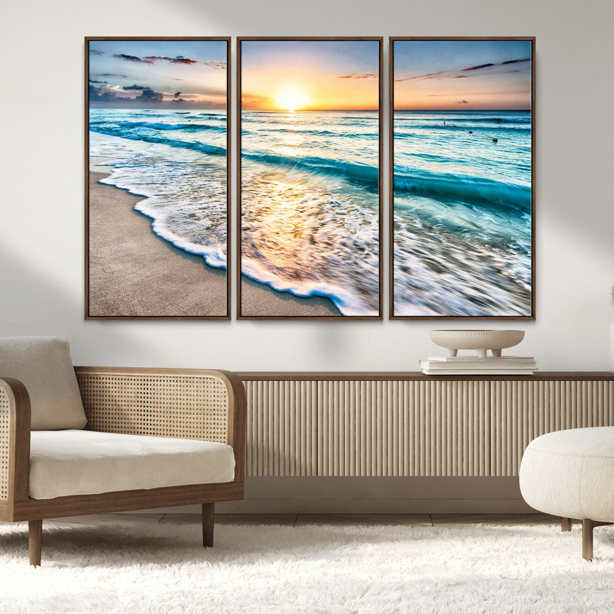 Sunset Beach Waves Canvas Wall Art – 5-Panel Ocean Sunset