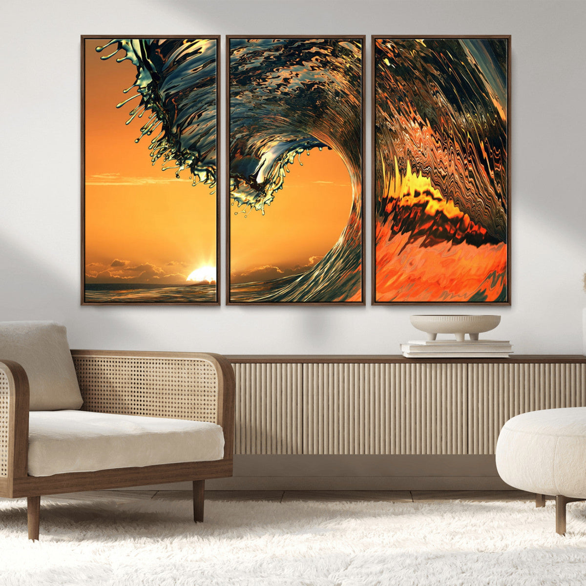 Surf Wave Sunset Canvas Wall Art Print, 3-Panel Ocean