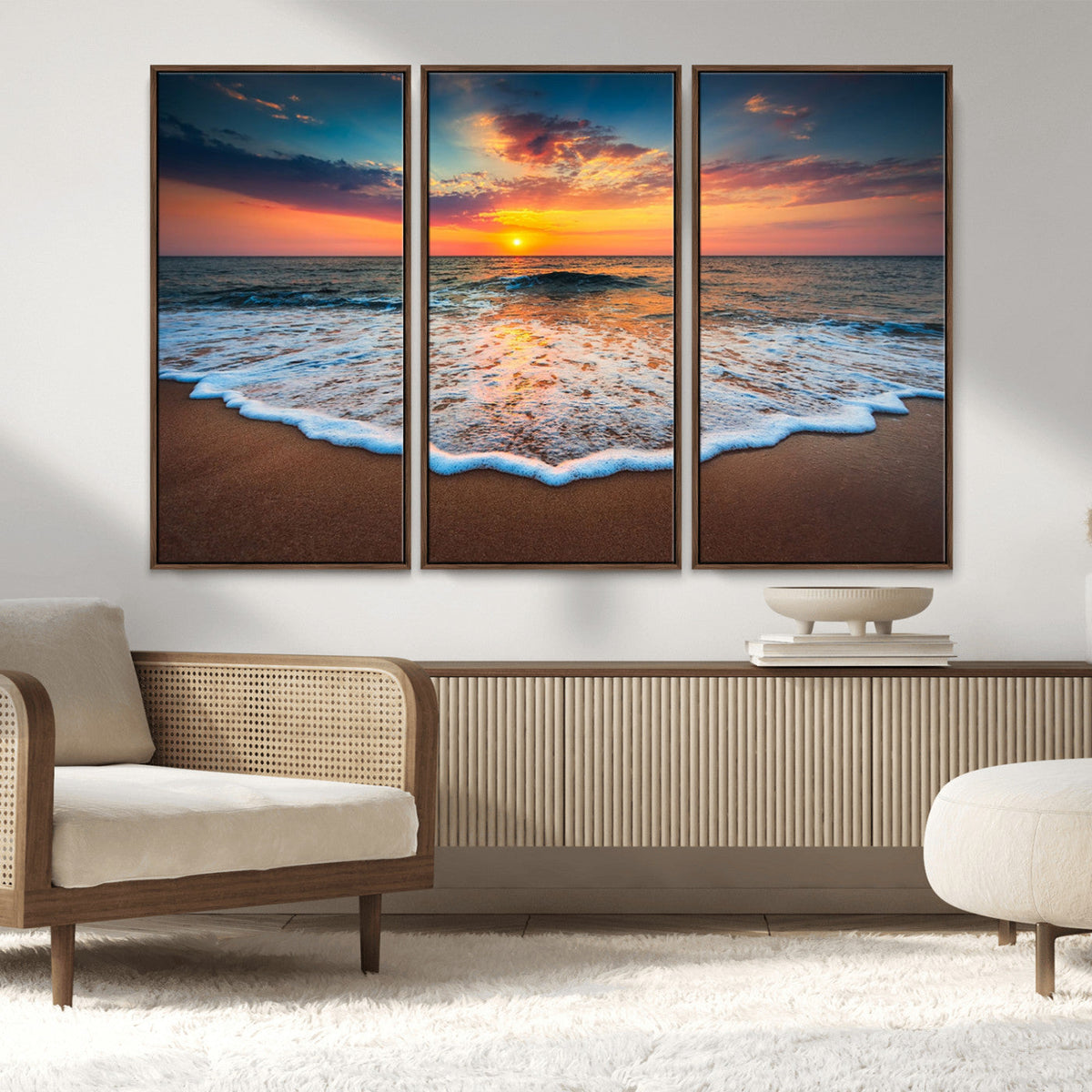 Sunset Beach Canvas Wall Art – Colorful Ocean Waves Triptych