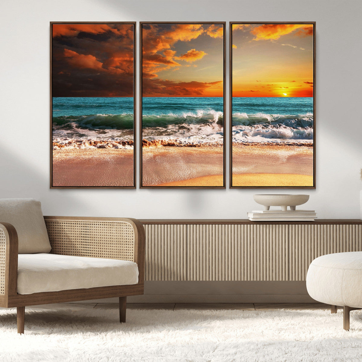 Golden Sunset Beach Canvas Wall Art – Triptych Seascape