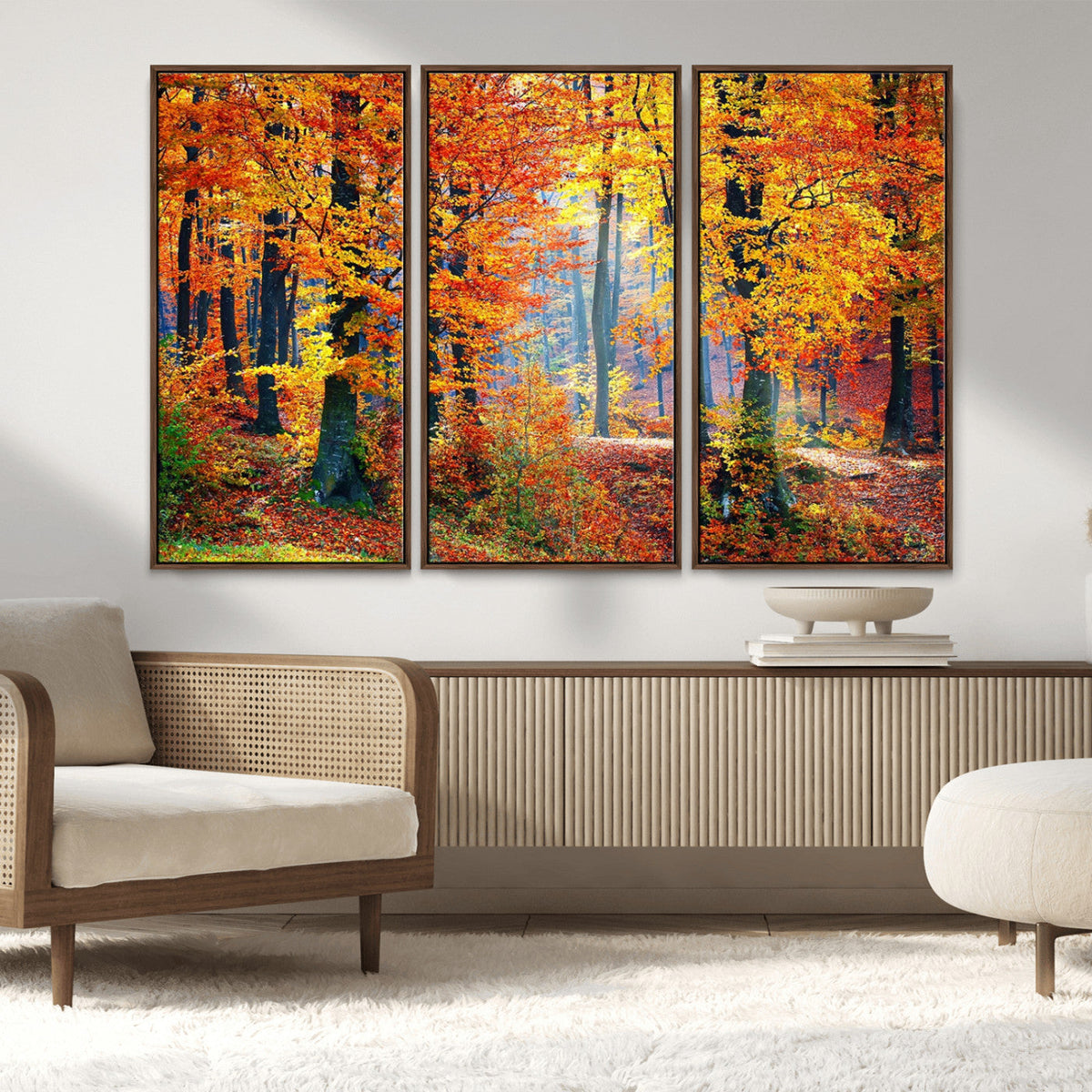 Autumn Red Forest Triptych Canvas Wall Art Print, Forest