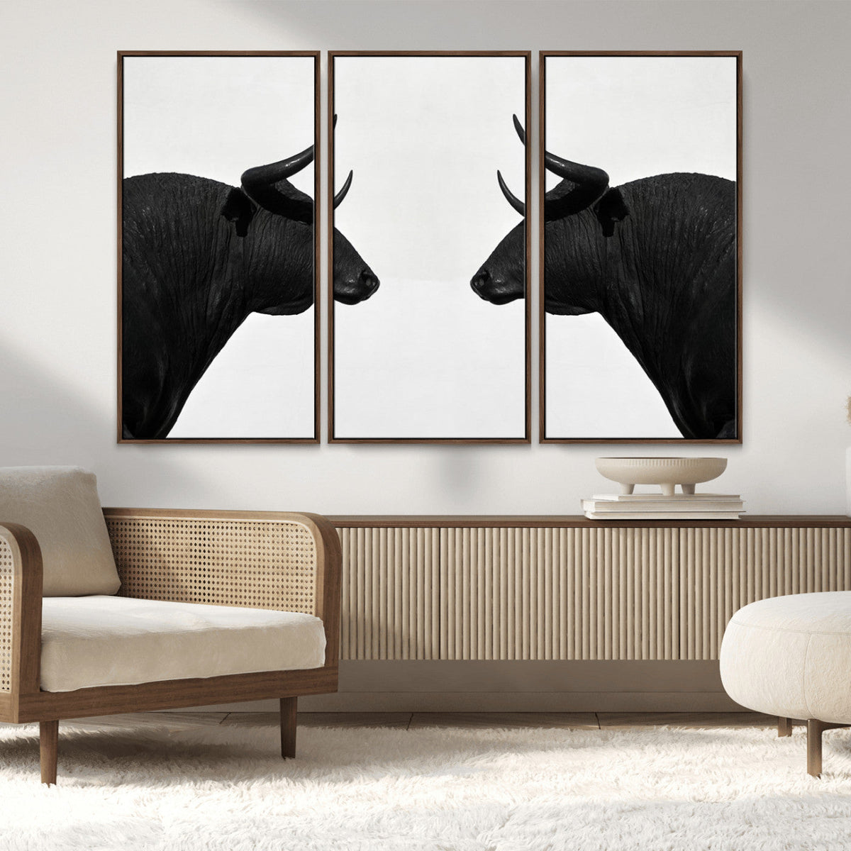 Spanish Bull Art - Framed Black and White Bull Canvas Print