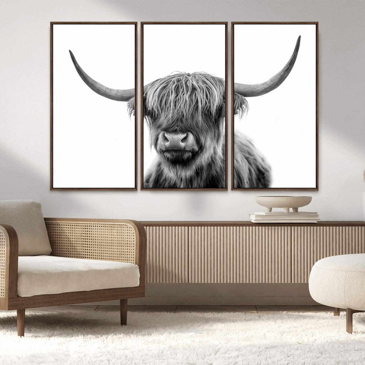 Grayscale Scottish Highland Cow Cattle Art Print Farmhouse