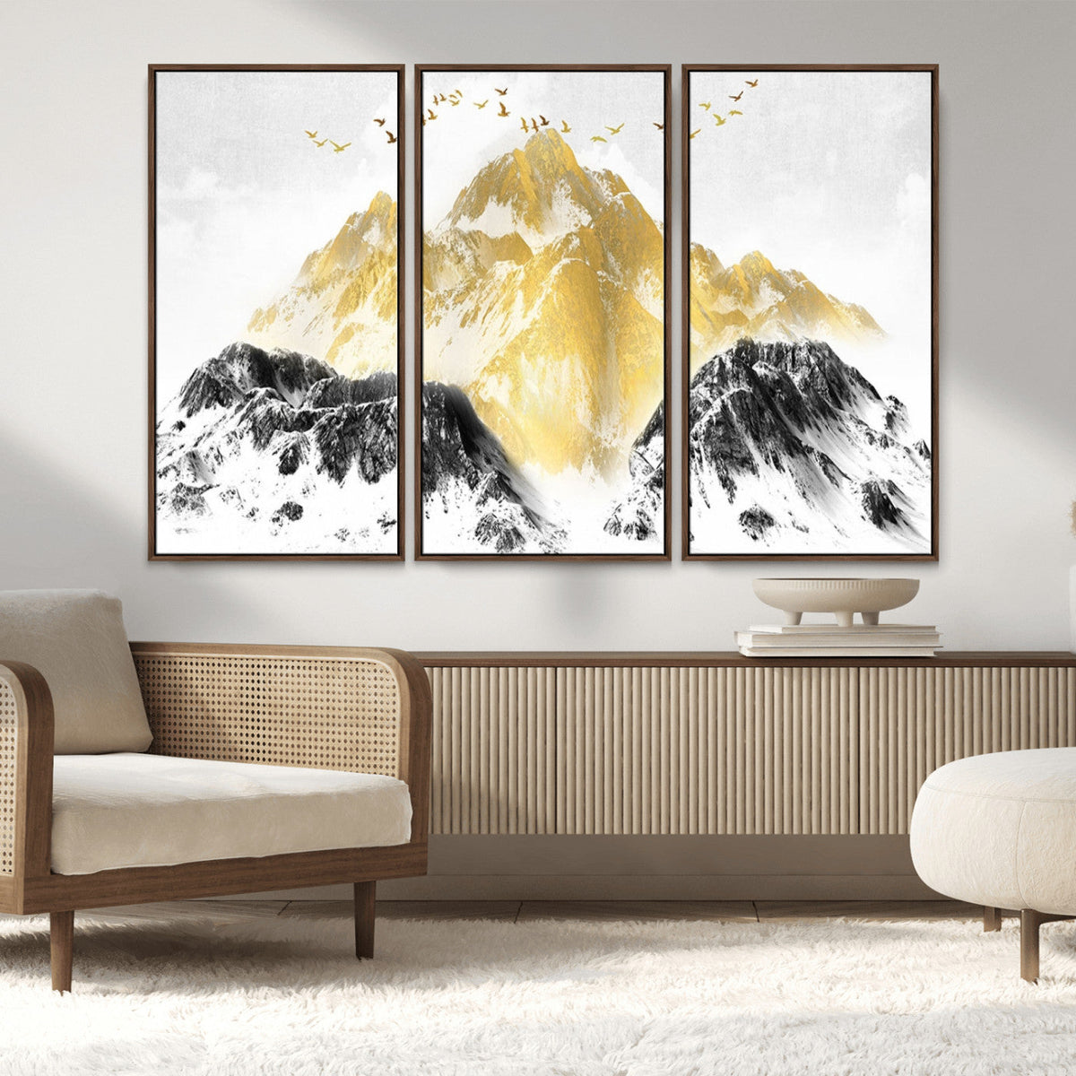 Golden Mountain Triptych Wall Art Canvas Print, Modern