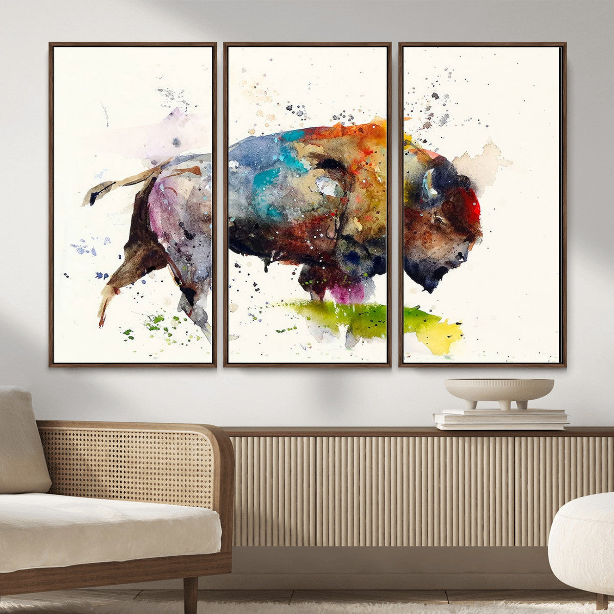 Abstract Buffalo Wall Art, Western Watercolor Bison Canvas