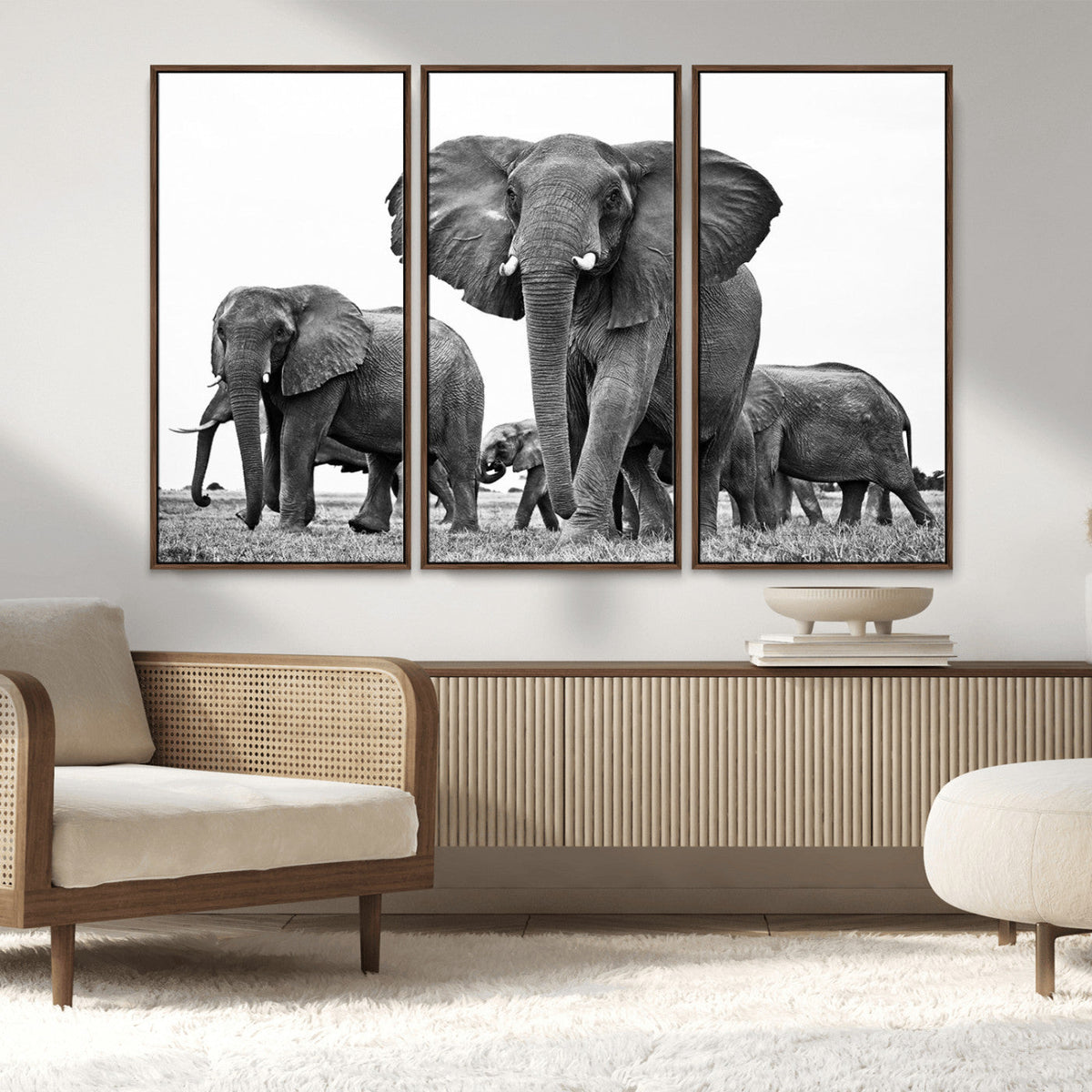 Black White Elephant Family Wall Art Canvas Print