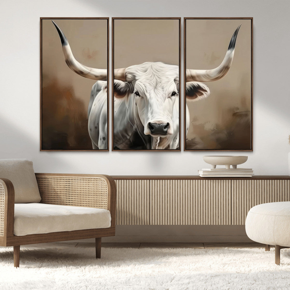 White Longhorn Bull Wall Art Canvas Print – Framed and Ready