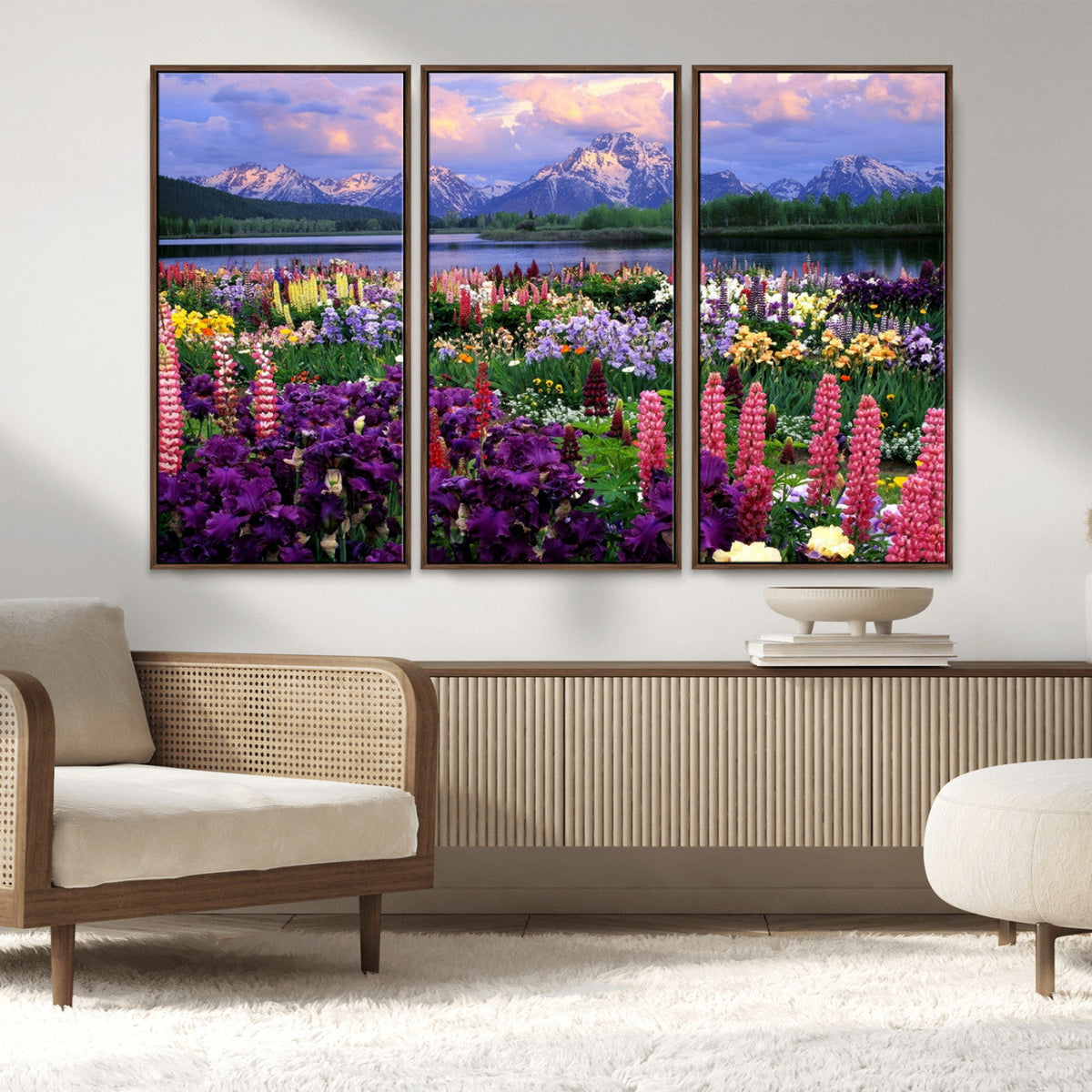 Vibrant Wildflower Garden and Mountain View Giclee Canvas