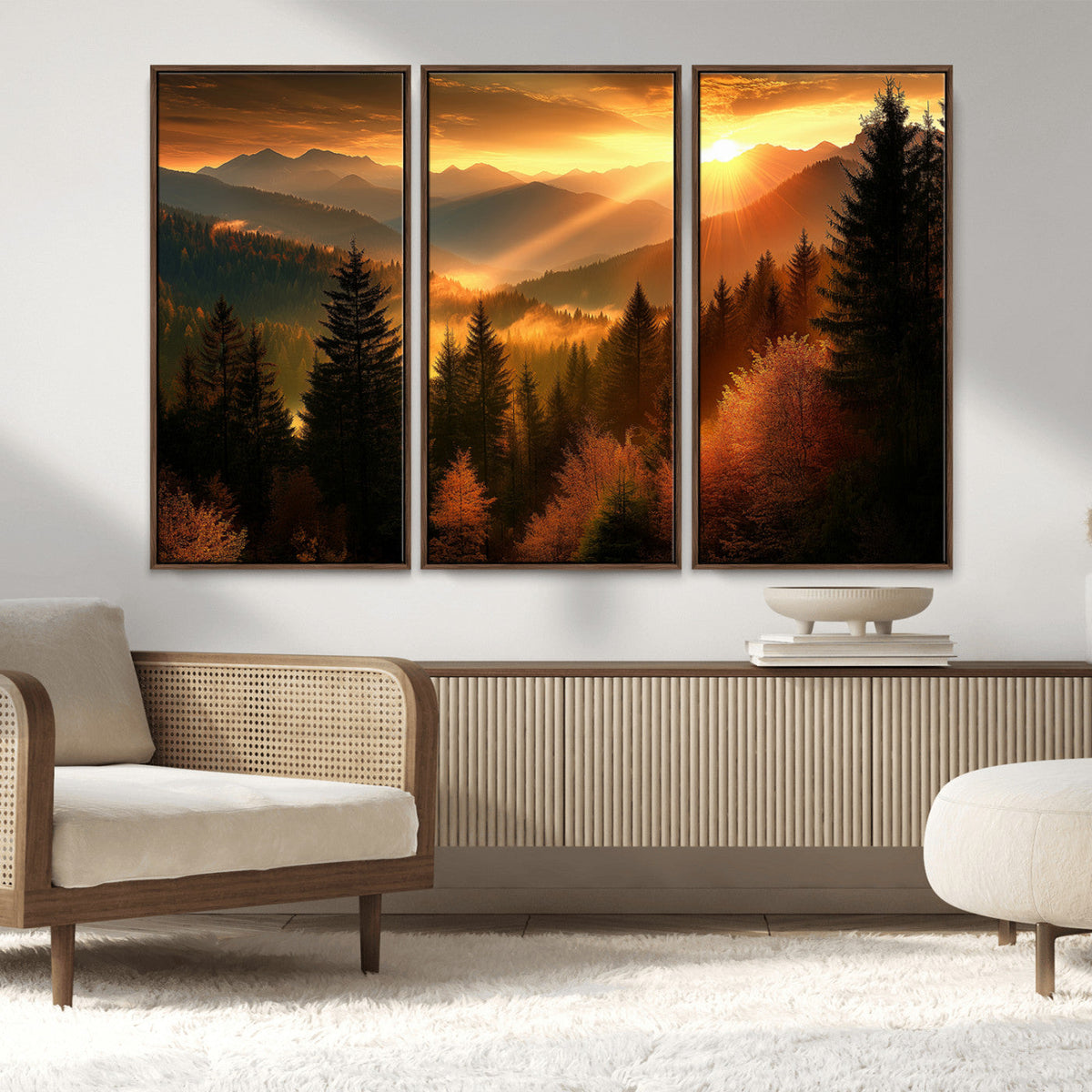 Golden Sunset Over Mountain Forest Canvas Wall Art Print -