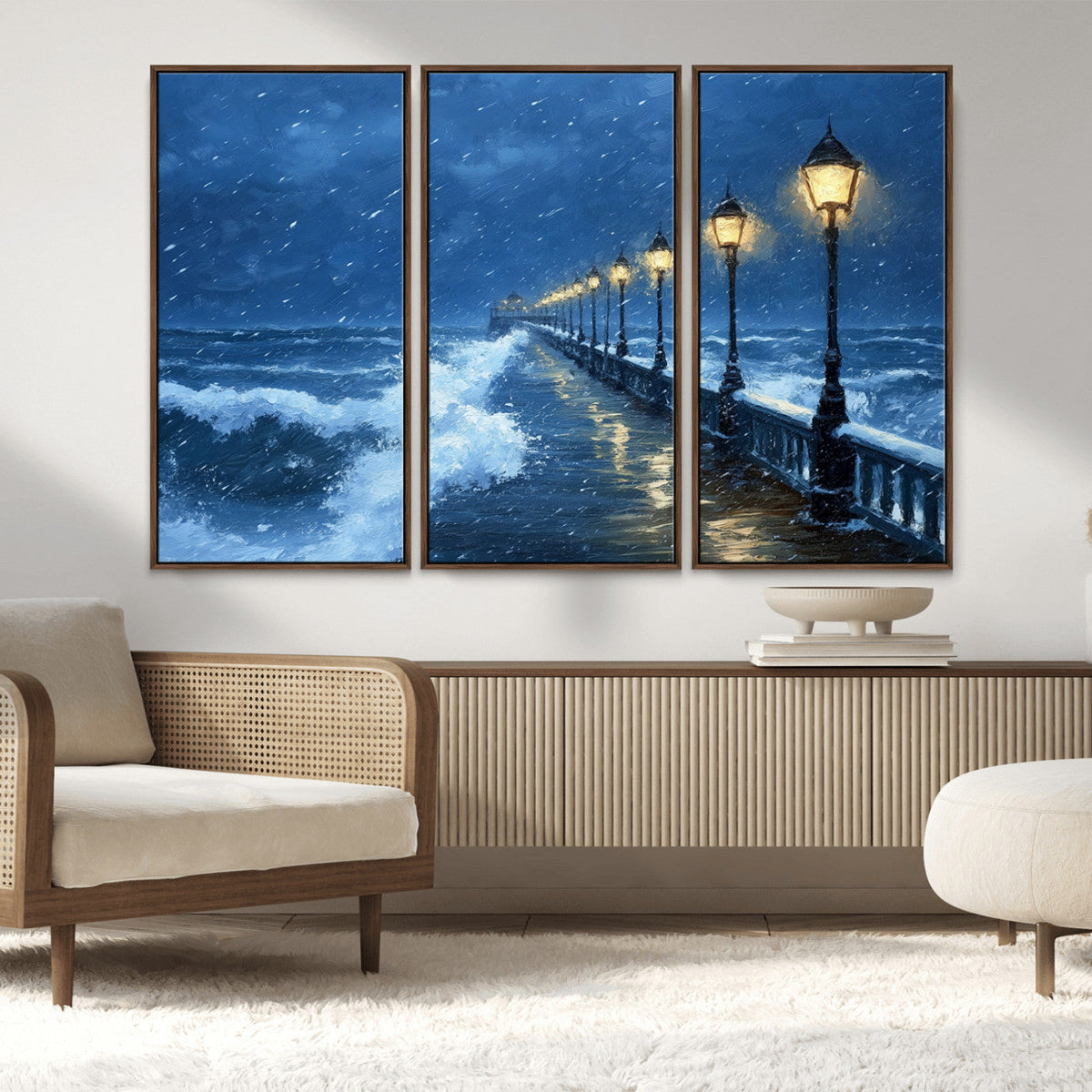 Stormy Ocean Pier Lights Canvas Wall Art Print - Large Moody