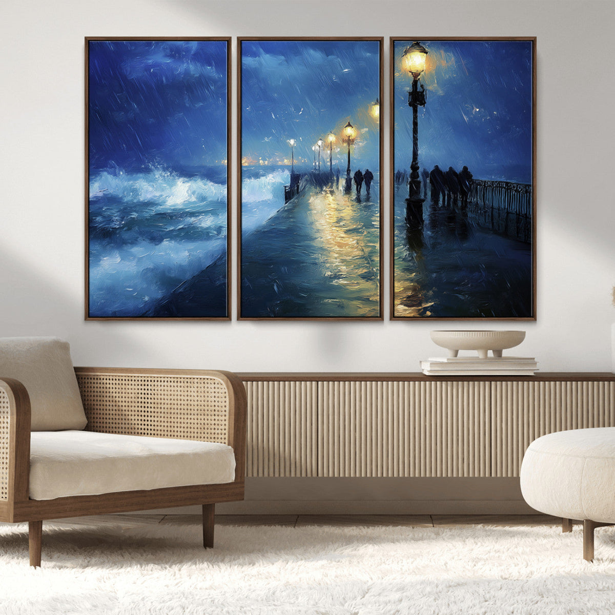 Storm Ocean Pier Canvas Wall Art Print - Large Moody Night