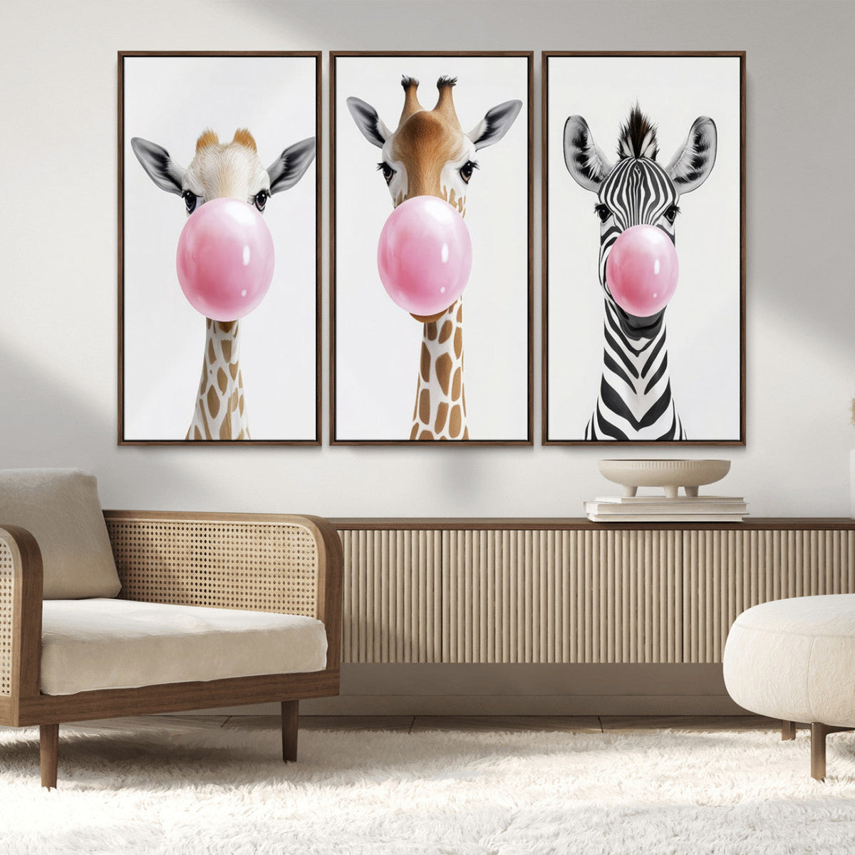 Bubblegum Animals Canvas Wall Art - Playful Giraffe and