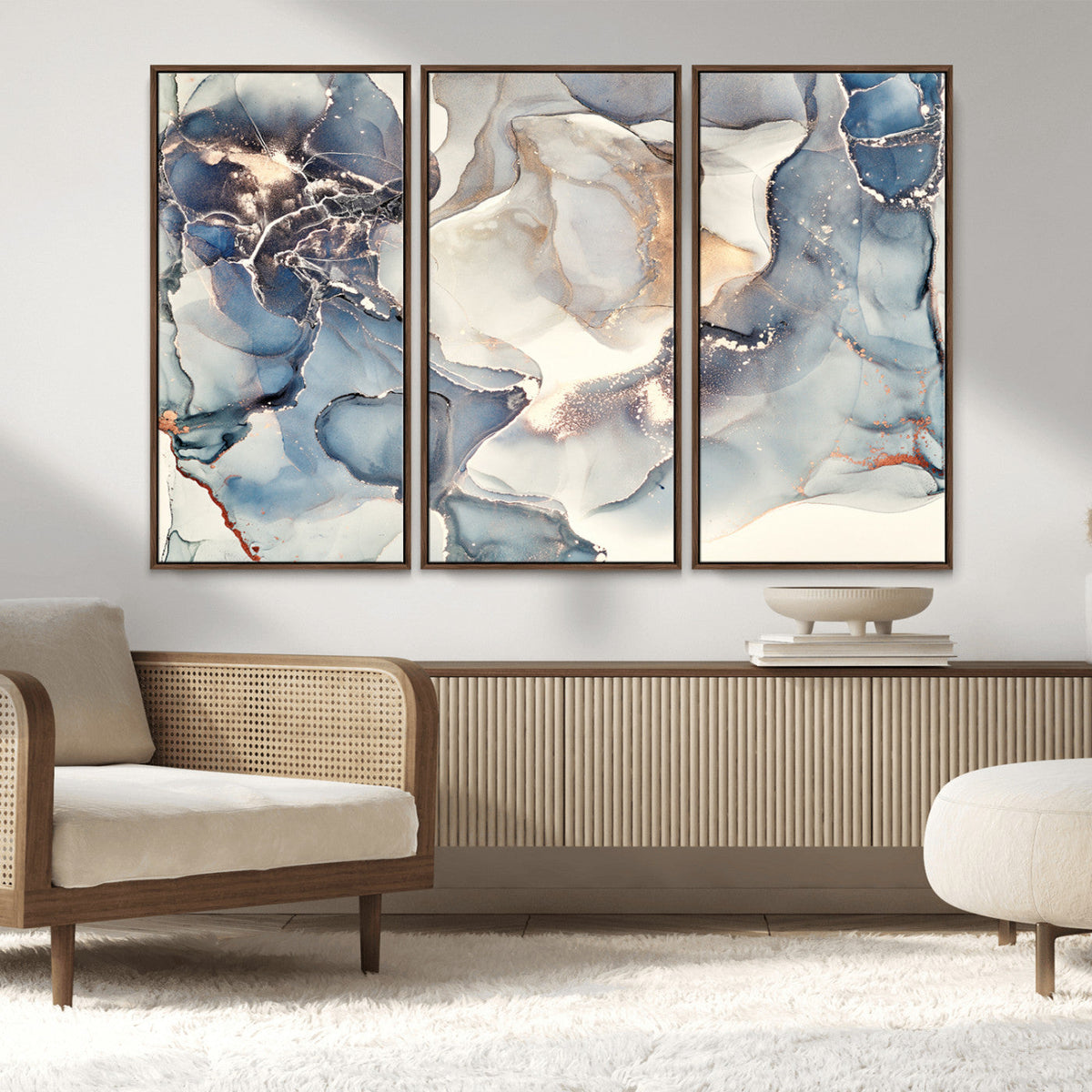 Abstract Blue and Gold Canvas Wall Art - Fluid Modern Ink