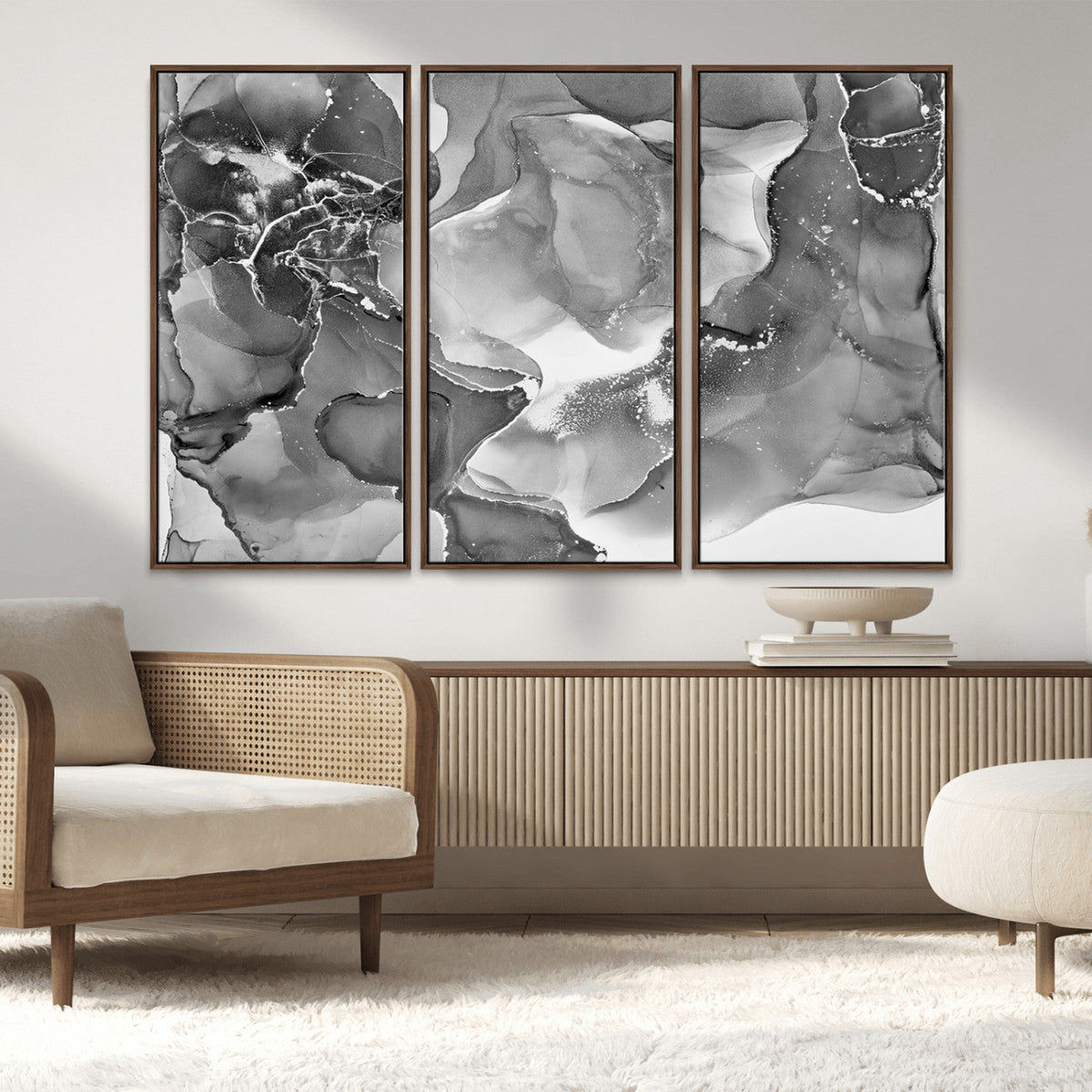 Black White Abstract Canvas Wall Art - Fluid Ink Artwork -