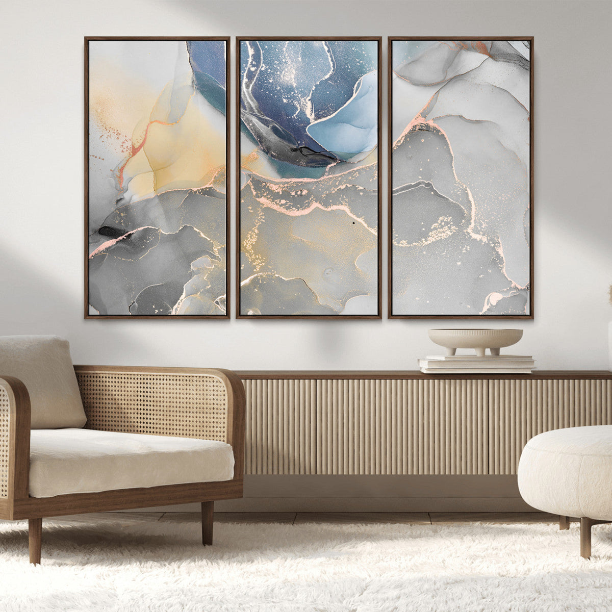 Large Abstract Blue and Gold Canvas Wall Art | Fluid Ink