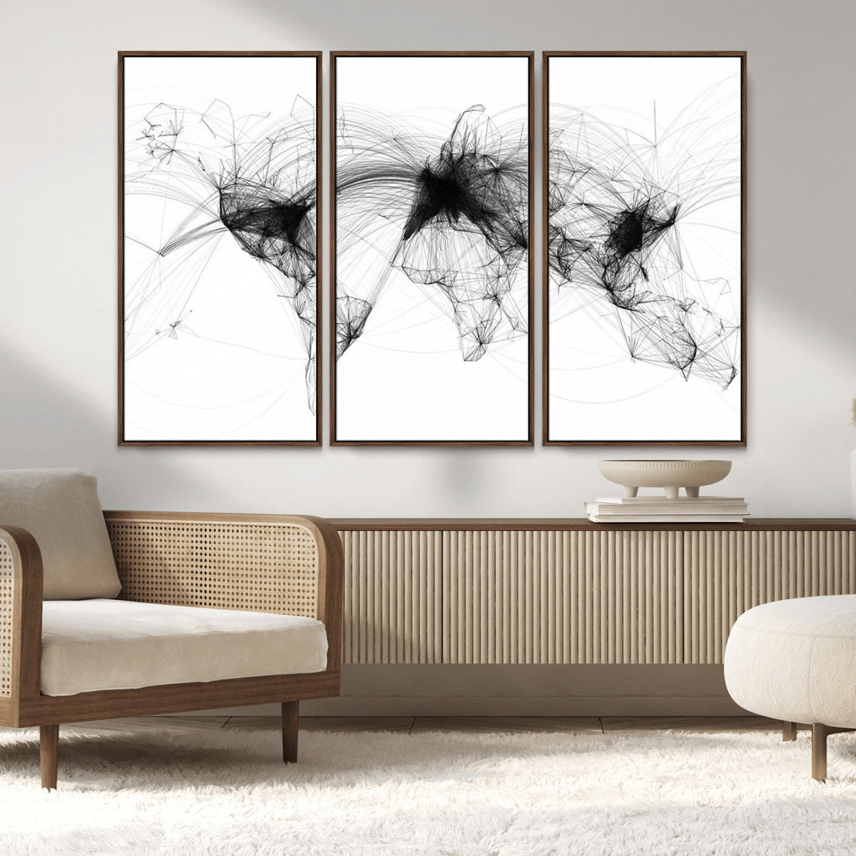 Abstract World Map Wall Art – Framed Geometric Line Canvas