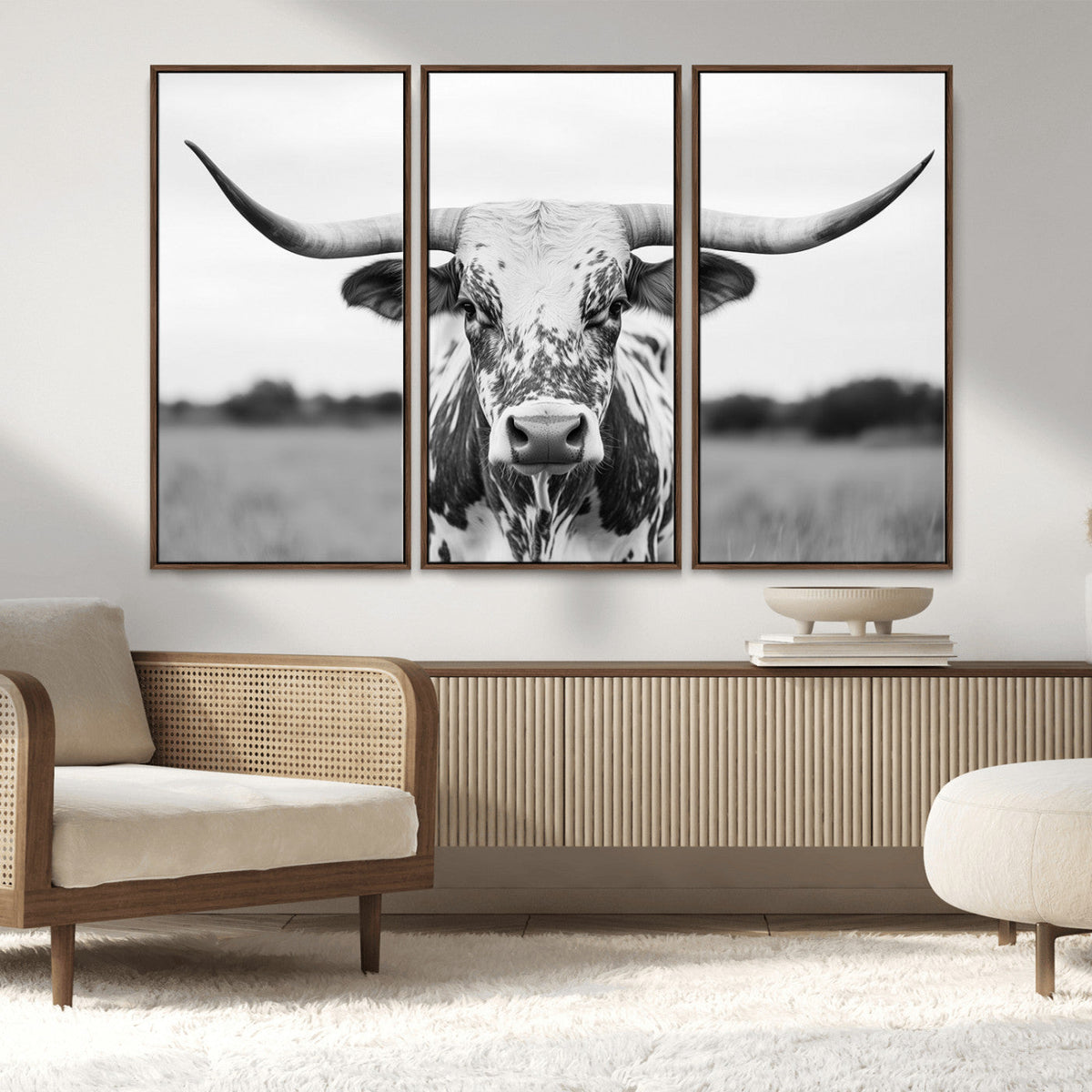 Highland Cow Wall Art Canvas Print – Black and White Western