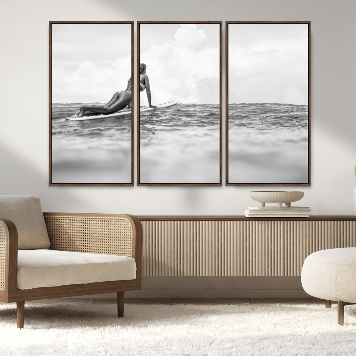 Black and White Surfing Wall Art Canvas Print – Framed Ocean