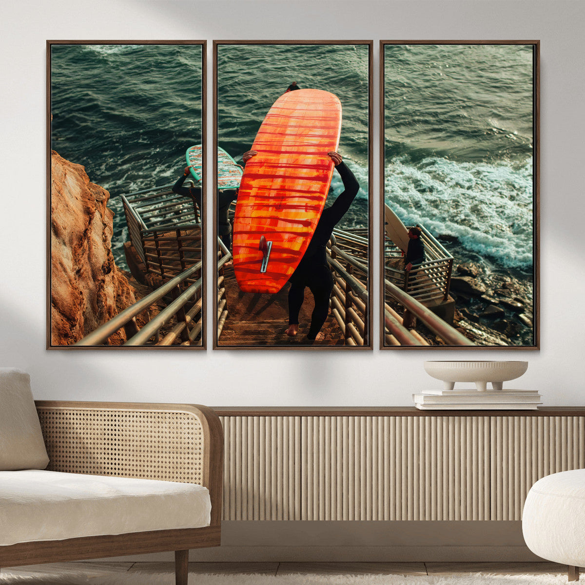 Surfer Stairway Wall Art – Framed Ocean Surf Canvas Artwork,