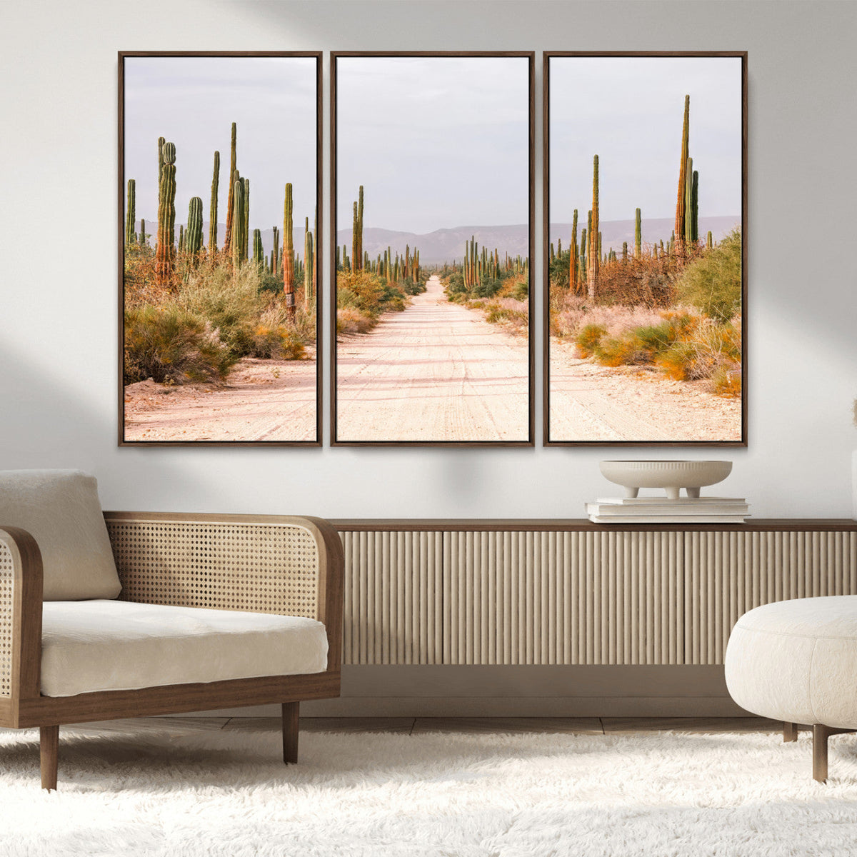 Desert Cactus Lined Road Wall Art Canvas Print – Framed