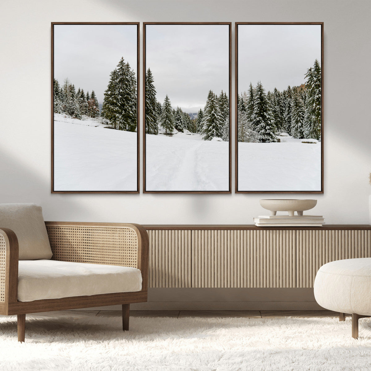 Frosty Pines Wall Art Canvas Print – Framed Silent Snowfall