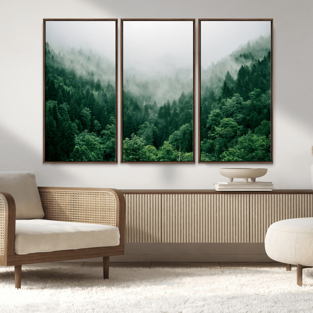 Misty Green Forest Canvas Print – Framed Serene Foggy Pine