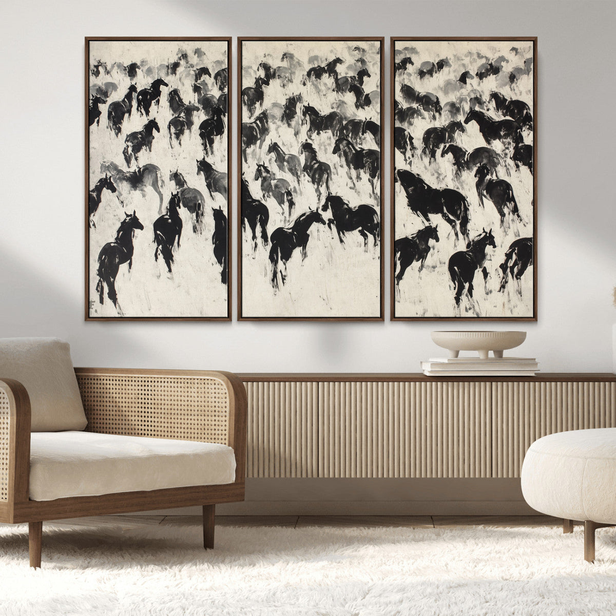 Wild Horse Stampede Wall Art Canvas Print – Monochrome