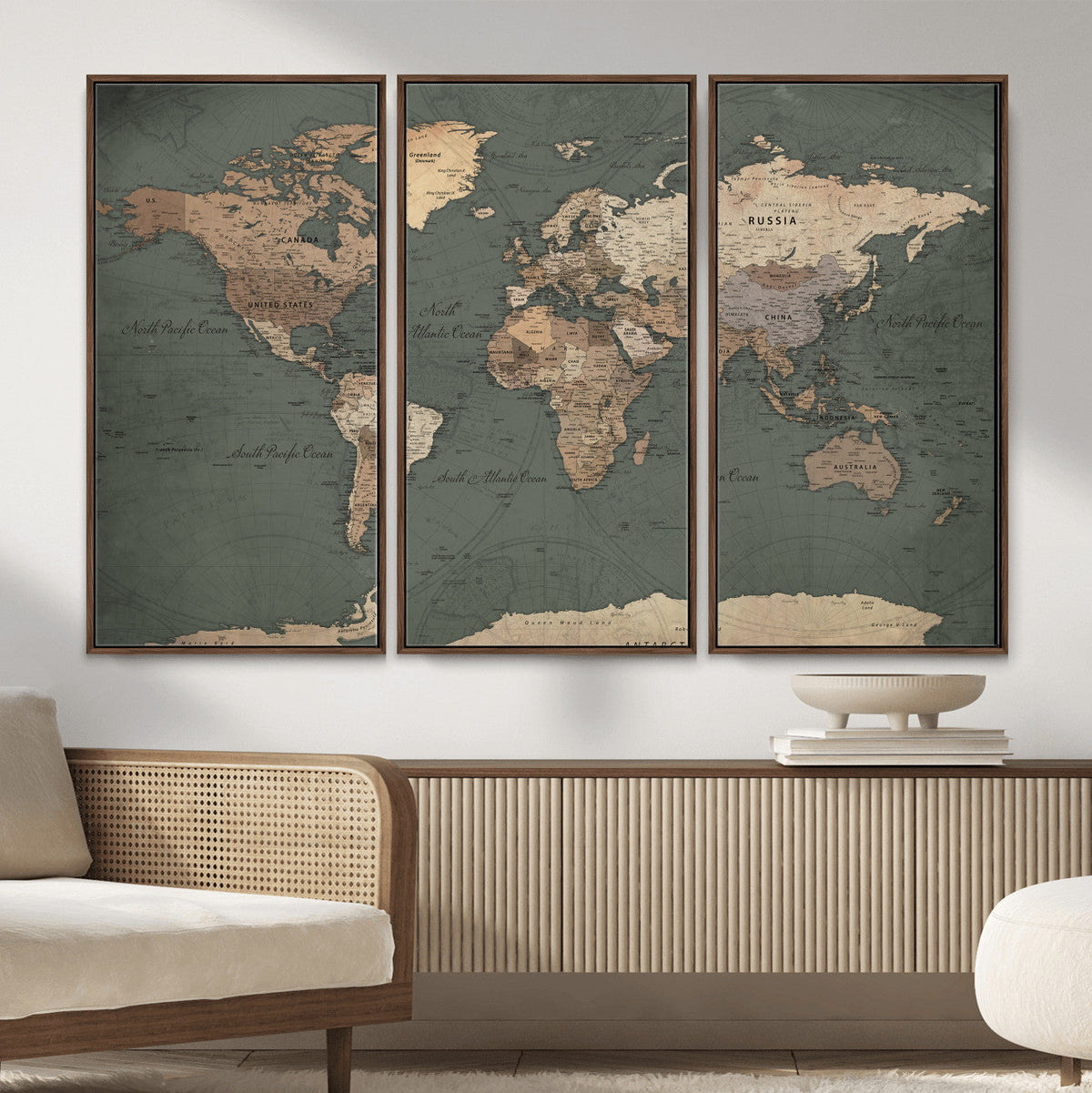 Rustic Black and Wood World Map Canvas Wall Art – Framed