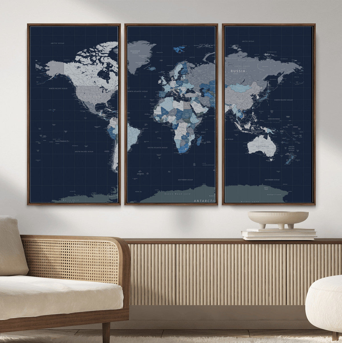Blue Detailed World Map Wall Art Canvas Print, Modern Framed