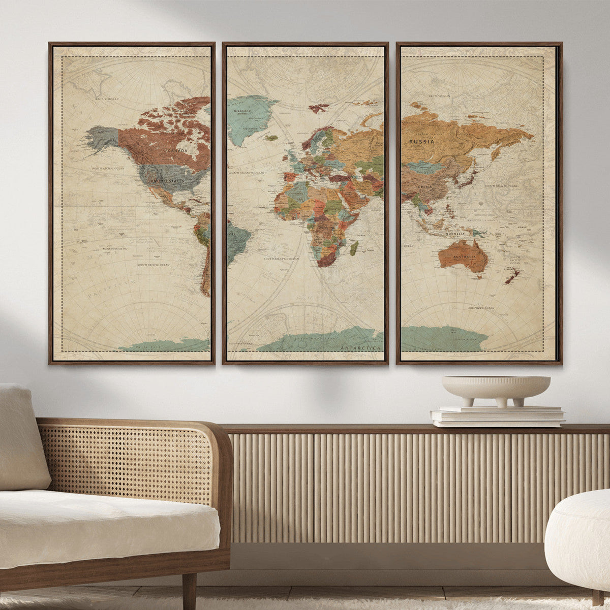 Vintage World Map Canvas Wall Art Print – Framed Modern