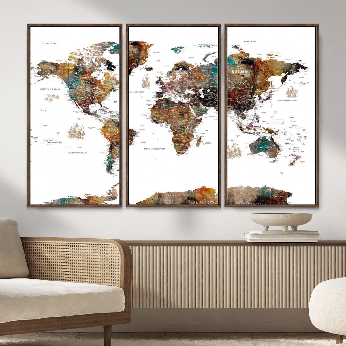 Watercolor World Map Canvas Print – Detailed Map of the