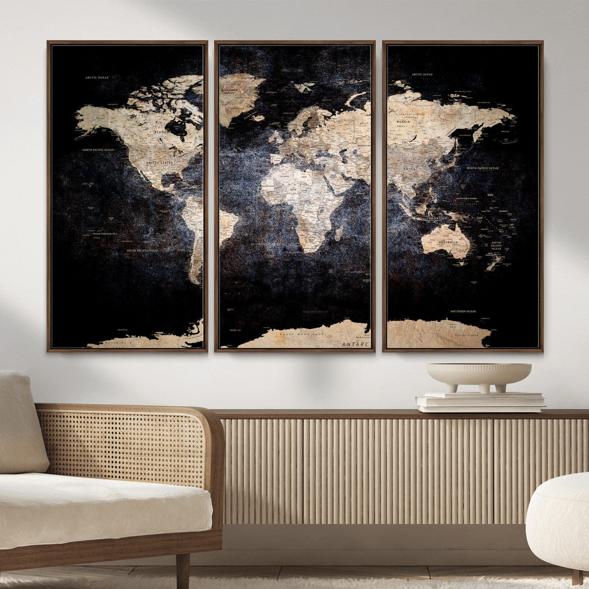 Grunge World Map Wall Art | 3-Panel Large Beige and Brown