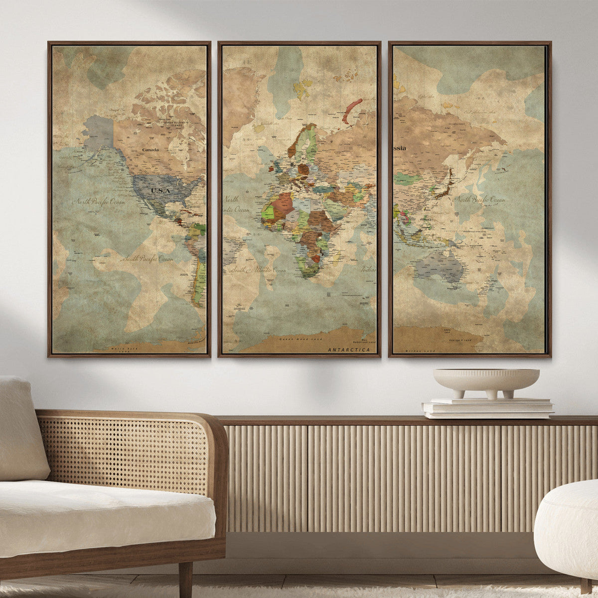 World Map Wall Art Canvas Print, Rustic Map Print, Framed