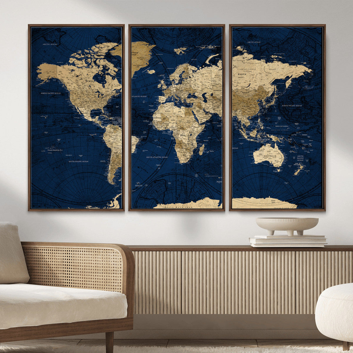 Navy Blue World Map Canvas Print – Detailed Map Minimal Navy