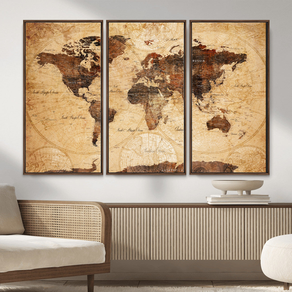 Modern Red and Gray World Map Canvas Print – Framed Wall Art
