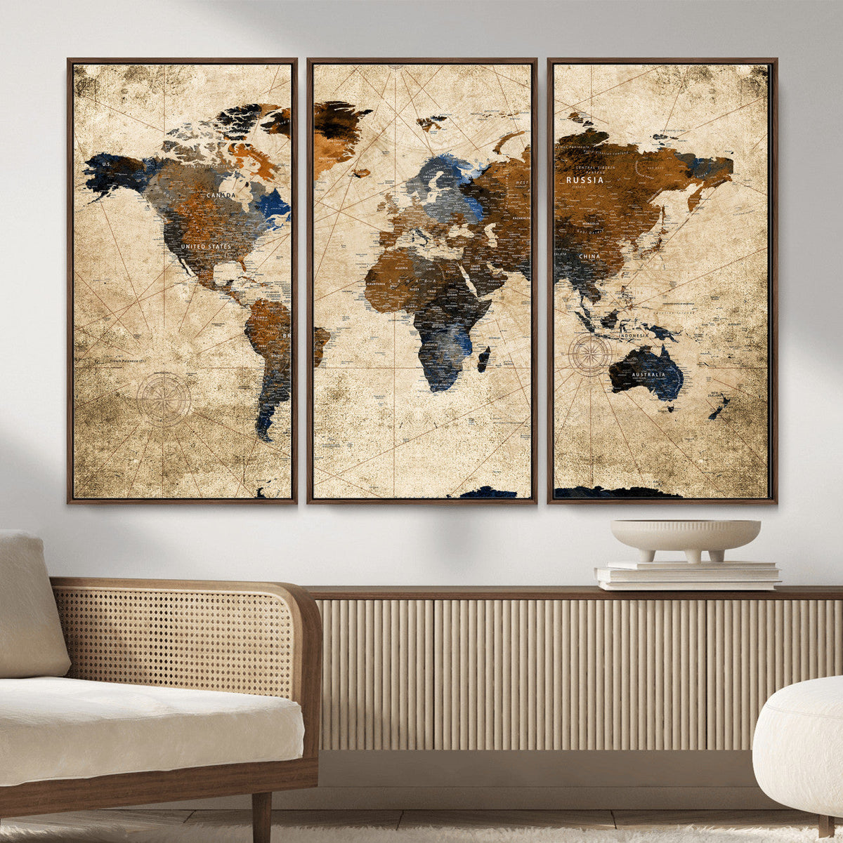 World Map Wall Art – Rustic Earth Tone Canvas Print, Antique