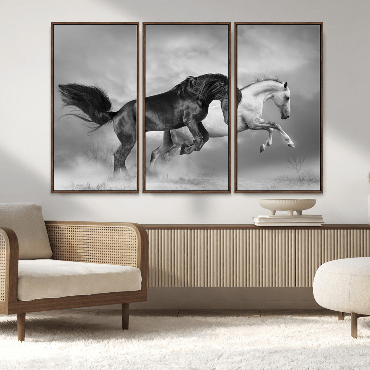Wild Horses Wall Art Canvas Print – Framed Black and White