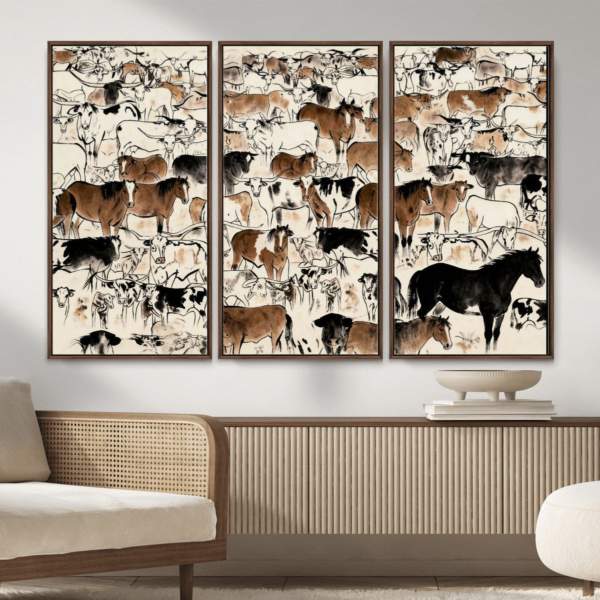 Farmhouse Animals Horse Longhorn Cow Wall Art Canvas Print -