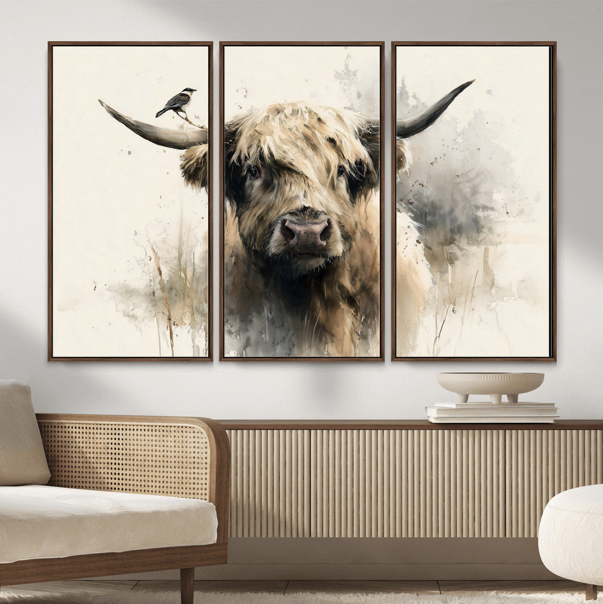 Abstract Highland Cow Wall Art Canvas Print, Rustic Farm