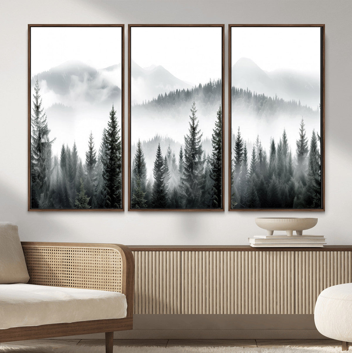 Misty Pine Forest Mountain Landscape Wall Art Canvas Print