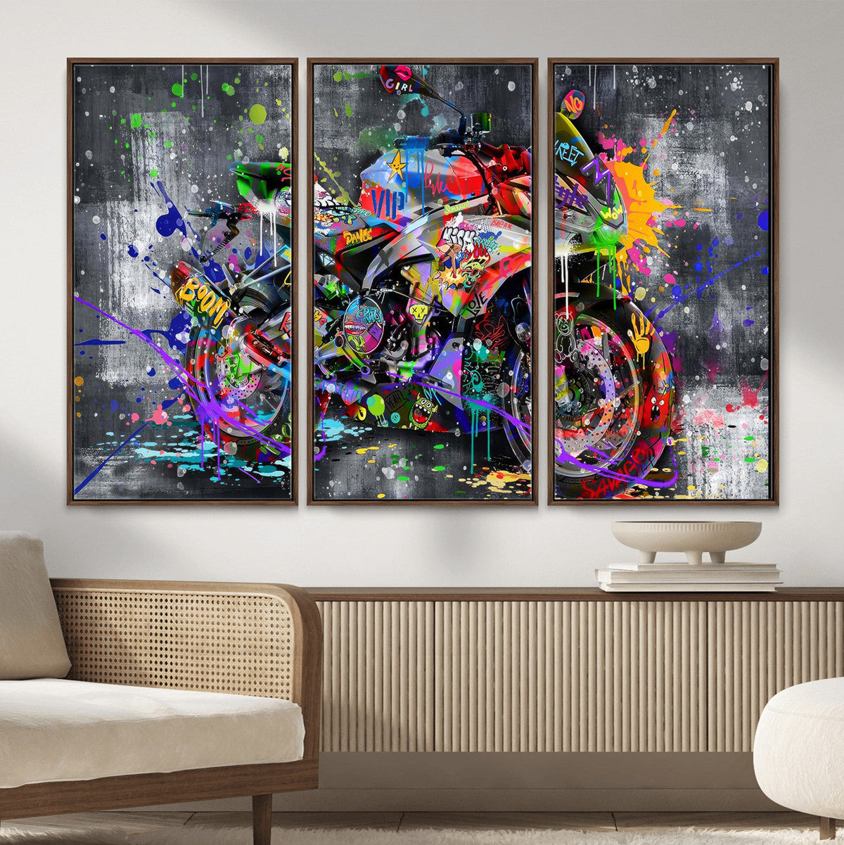 Graffiti Motorcycle Wall Art Canvas Print, Urban Street Art